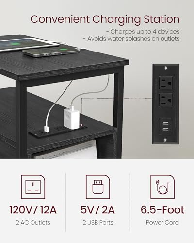 VASAGLE Side End Table with Charging Station, Slim Nightstand with 2 Drawers, Narrow Bedside Table for Living Room, Small Spaces, Charcoal Gray and Ink Black ULET321B22V1S - color: Charcoal Gray + Ink Black, size: 23.6"D x 11.8"W