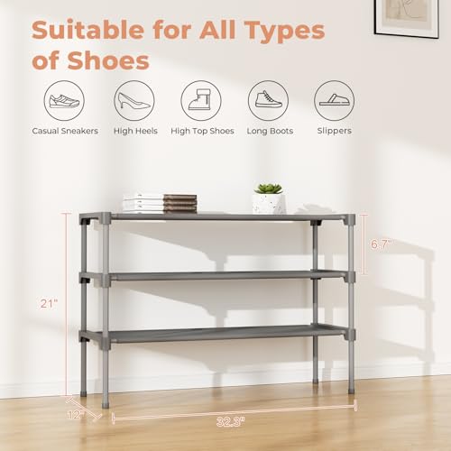 34" Widening Design Shoe Rack for Closet 16 Pairs Small Spaces Non-Woven 3 Tier Shoe Organizer Stackable Metal Shoe Shelf for Entryway, Bedroom Grey - color: Grey
