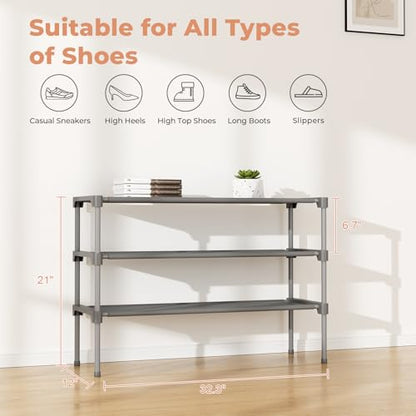 34" Widening Design Shoe Rack for Closet 16 Pairs Small Spaces Non-Woven 3 Tier Shoe Organizer Stackable Metal Shoe Shelf for Entryway, Bedroom Grey - color: Grey