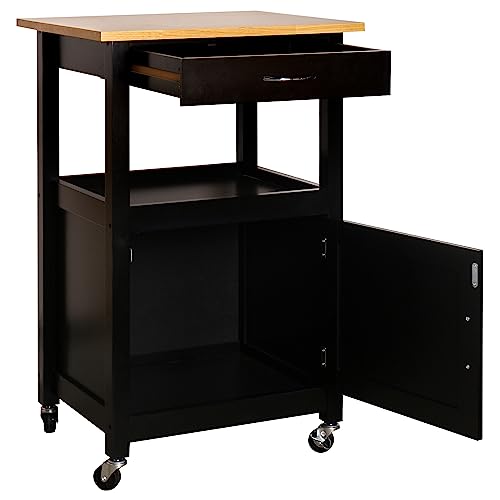 eHemco Kitchen Island Cart on Wheels, Black Base, Natural Hardwood Top | Drawer, Storage Cabinet, Shelf - color: Black