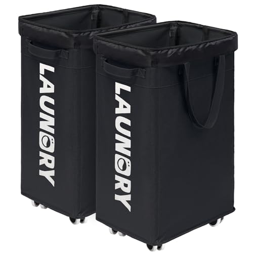 CHICVITA 75L Laundry Basket with Wheels 2-Pack, Wash Bags, Black | Tall collapsible laundry basket set for corner spaces and college dorms. Removable wash bags included - color: Black, size: 2-Pack 75L (15.7"L x 11.8"W x 24.8"H)