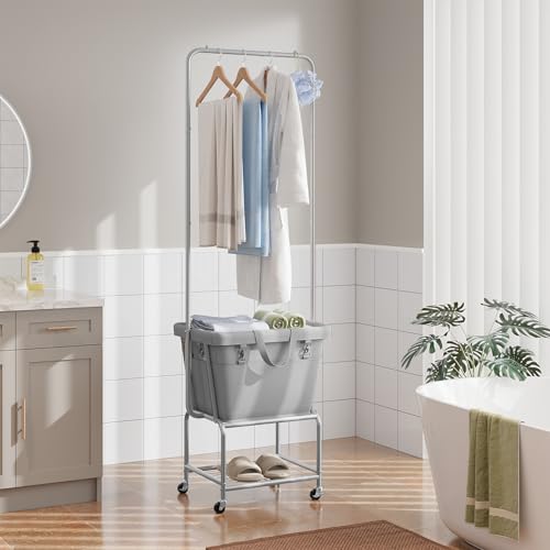 ELYKEN Laundry Cart with Hanging Rack, Rolling Laundry Hamper with Wheels, Laundry Basket with Removable Liner Bag and Shelf, Sturdy Metal Frame Dirty Clothes Basket for Hotel, Home, Closet, Dorm