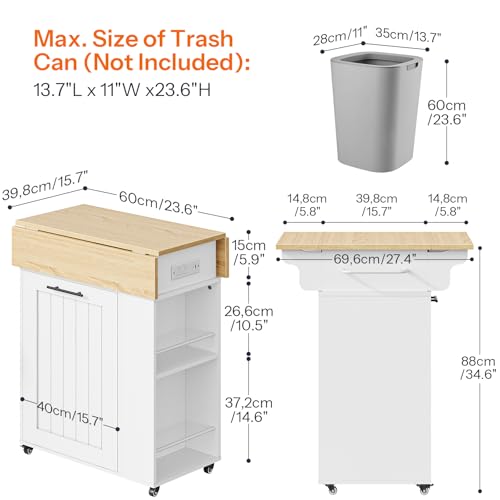HOOBRO Kitchen Island with Trash Can Storage, Rolling Kitchen Island with Drop Leaf Countertop, Island Table with Power Outlet & Spice Rack, for 10 Gallon Garbage Bin, White and Natural WN33UZD01