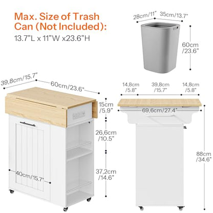 HOOBRO Kitchen Island with Trash Can Storage, Rolling Kitchen Island with Drop Leaf Countertop, Island Table with Power Outlet & Spice Rack, for 10 Gallon Garbage Bin, White and Natural WN33UZD01
