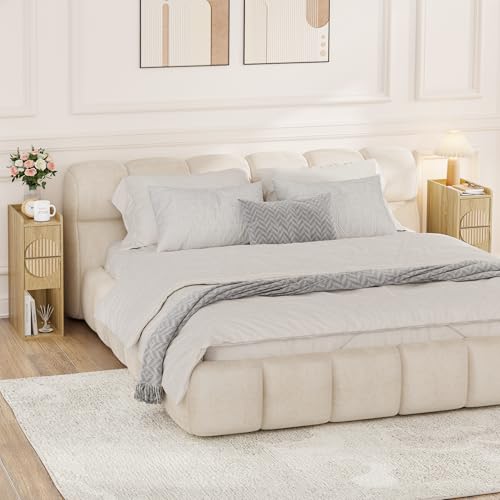 Narrow Nightstands Set of 2 for Bedroom, Mid Century Modern Wooden Bedside with 2 Drawers, Fluted Skinny End Table, 8 Inch Wide Slim Side Tables for Small Spaces - color: Natural X40