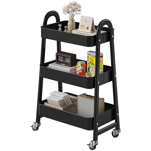 DUMOS 3 Tiers Metal Rolling Utility Cart with Lockable Wheels, Mobile Storage Organizer, Utility Shelving Unit for Kitchen, Office, Bathroom, Laundry, Narrow Places, Black - color: 3 Tiers Black