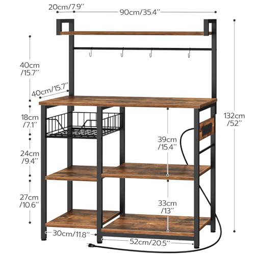 HOOBRO Bakers Rack with Power Outlet, 35.4 Inches Coffee Bar with Mesh Basket, Microwave Stand with 4 S-Shaped Hooks, Kitchen Bakers Rack with Storage, Easy to Assemble, Rustic Brown BF05HB01 - color: Rustic Brown + Black