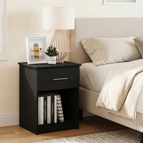 Nightstand with Drawer, Side Table with Storage Shelf, Bar Handle Drawer Bedside Table, End Table, Night Stand, for Living Room, Bedroom, Americano - color: Americano, size: Set of 1, Bar Handle