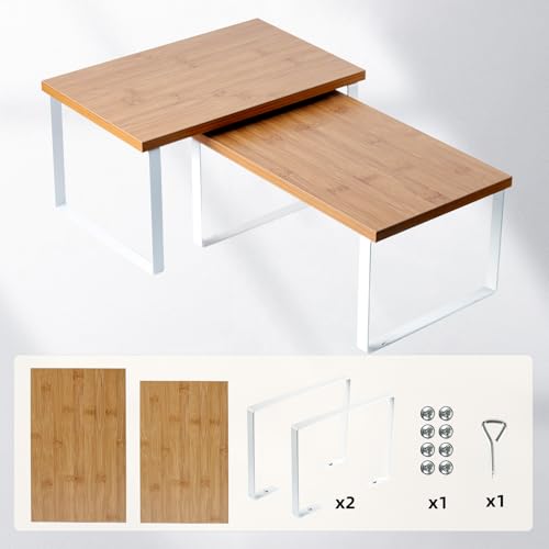 2Pack Expandable Stackable Cabinet Shelf, Metal-Wood, Warm Bamboo - color: Bamboo Color