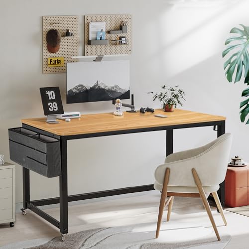 AHB 55" Rolling Computer Desk with 4 Smooth Wheels, Simple Style Mobile Writing Desk Home Office Study Table Movable Workstation with Metal Frame - color: Natural, size: 55"