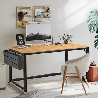 AHB 55" Rolling Computer Desk with 4 Smooth Wheels, Simple Style Mobile Writing Desk Home Office Study Table Movable Workstation with Metal Frame - color: Natural, size: 55"