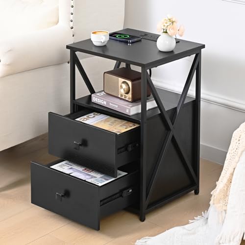 Livofloral Nightstands Set of 2 with LED, Night Stand with Charging Station, Black End Tables Set 2 with Wood Drawers, Black Side Tables with USB and Outlets, Bedside Tables for Bedroom, Living Room - color: Black, size: 2 Pack