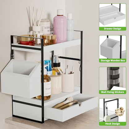 2-Tier Bathroom Counter Organizer, Wooden Vanity Shelf with Drawer & Basket | Pre-Drilled Holes, Skincare & Makeup Countertop Organizer and storage, White - color: White