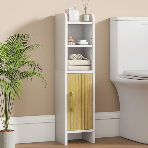 Bathroom Storage Cabinet, Small Corner Floor Cabinet with Fluted Door Narrow Toilet Paper Cabinet with Adjustable Shelves Wooden Slim Bathroom Organizers and Storage for Small Spaces, White - color: White