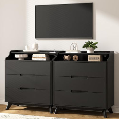35" Large Night Stand with Charging Station, 3 Drawer Spacious Drawers | Top Open Shelves, Pre-Installed Slide, Wood Bedside Table, Modern End Table, Nightstand for Bedroom Sofa Couch,Black - color: Black, size: Large (3 drawer)