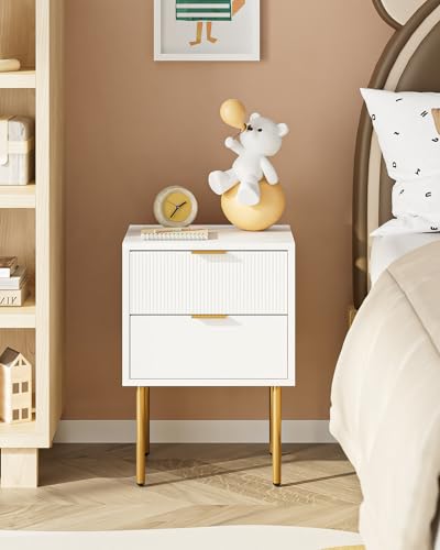Nightstand,Small Bedside Table with Gold Frame,White Night Stand,Bedside Furniture,Side Table with 2Drawers for Bedroom,Living Room (2Drawers, White) - color: White, style: 2Drawers
