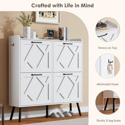 Shoe Cabinet with 4 Flip Drawers, Freestanding Shoe Organizer Cabinet with Metal Legs, Farmhouse Slim Shoe Rack Cabinet for Entryway, Foyer, Hallway, White - color: Pure White