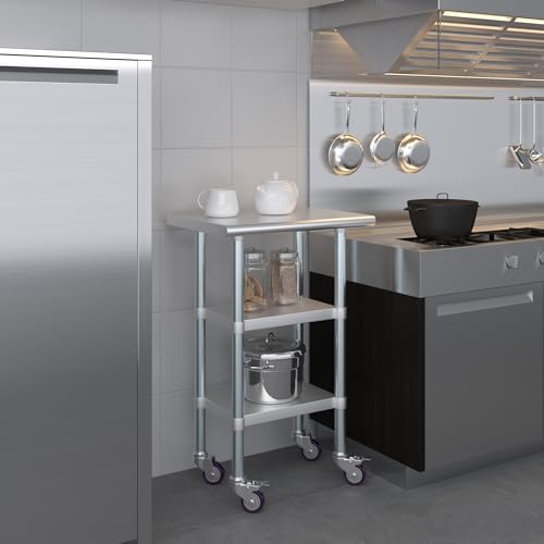 AmGood Stainless Steel Work Table with 2 Shelves and Casters | Metal Utility Table On Wheels (Stainless Steel Work Table with 2 Shelves + Casters, 24" Long x 18" Deep) - size: 24" Long x 18" Deep