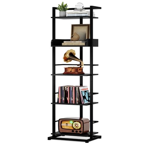 Hosfais Book Shelf Tall Bookshelf: 5 Tier Wood Bookcase with Metal Edge Protection Industrial Narrow Bookshelf Corner Storage Organizer Display Book Rack for Living Room Bedroom Home Office (Black) - color: Black