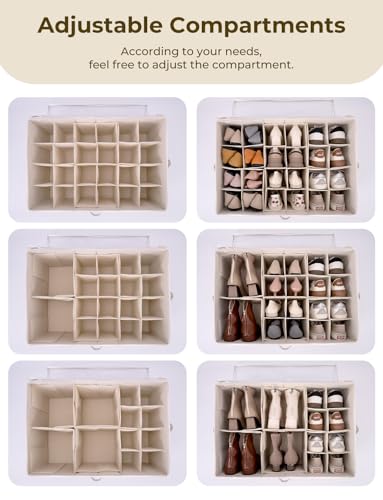 StorageWorks Shoe Organizer for Closet, Fits up to 24 Pairs, Shoe Cubby Storage Containers with Adjustable Dividers and Clear Cover, Khaki and Beige Stripes | Adjustable Dividers, Holds up to 24 Pairs, Foldable, Clear Lid, Soft Handles, Fits Boots, Sandal