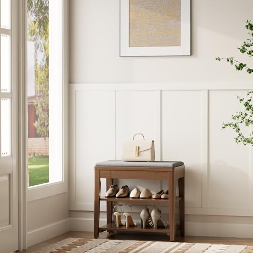Small Shoe Bench with Storage, Wooden Shoe Storage Bench with Cushion&Hidden Drawer, 2-Tier Shoe Rack Bench for Entryway, Mudroom, Hallway - size: 23.6"W x 13.6"D x 21.3"H