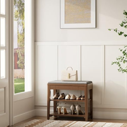 Small Shoe Bench with Storage, Wooden Shoe Storage Bench with Cushion&Hidden Drawer, 2-Tier Shoe Rack Bench for Entryway, Mudroom, Hallway - size: 23.6"W x 13.6"D x 21.3"H