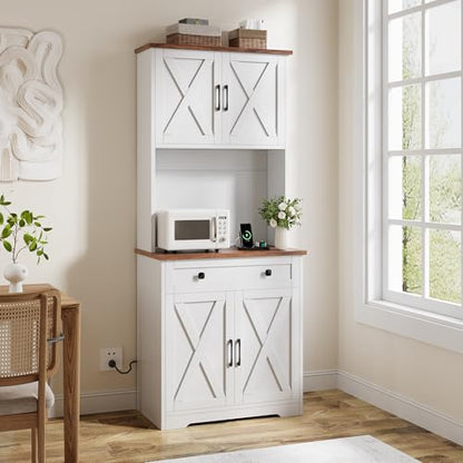 GarveeLife 71" Pantry Cabinet with Charging Station, Tall Kitchen Pantry Storage Cabinet with Microwave Stand, Large Farmhouse Kitchen Hutch with Cabinet Doors & Drawer for Living Room, Dining Room - color: White