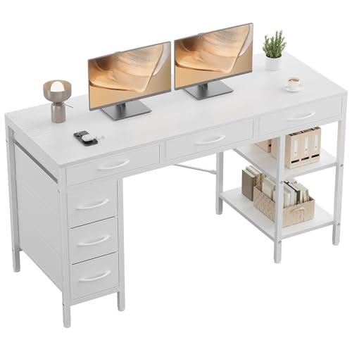 OLIXIS Computer Desk with 6 Drawers, 55 inch Office Workstation with Storage Shelves, Reversible Gaming Setup, Corner Table with Storage Drawers, Work for Home Office, Study, Living Room, White - color: White, size: 55 inch