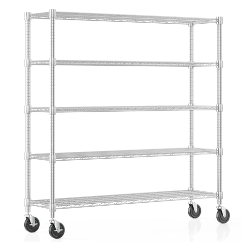 Homdox Heavy Duty Metal Shelves for Storage, 5 Tier Storage Racks and Shelving, Commercial Adjustable Wire Shelving Unit on Wheels, Garage Rack Pantry Shelves Kitchen Shelving, 18"x60"x82", Chrome - color: Chrome, size: 18"Dx 60"Wx 82"H, 5 Tier