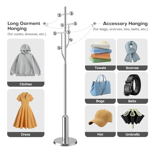 Coat Rack Freestanding Metal Coat Tree with 8 Metal Hooks | Heavy Duty Standing Coat Rack, Stainless Steel Marble Base, Coat Hanger Stand for Bedroom Entryway Hallway, Hat, Bags - color: Silver - Polished Chrome