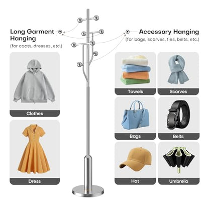 Coat Rack Freestanding Metal Coat Tree with 8 Metal Hooks | Heavy Duty Standing Coat Rack, Stainless Steel Marble Base, Coat Hanger Stand for Bedroom Entryway Hallway, Hat, Bags - color: Silver - Polished Chrome