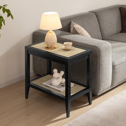 SICOTAS Rattan Nightstand Bedside Table - Farmhouse Boho Narrow Accent End Table with 2 Open Shelves for Bedroom, Living Room, Small Spaces - Black Oak - color: Black Oak, size: 1 Piece