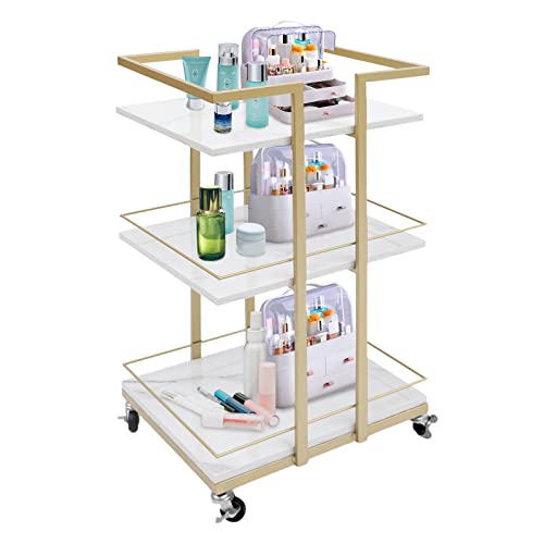 Rolling Storage Cart 3-Tier Metal & Wood Utility Trolley with Locking Wheels, 55lbs Capacity - Nordic Style Multi-Purpose Organizer for Kitchen, Salon, Bathroom, White & Gold Space-Saving Bar Cart