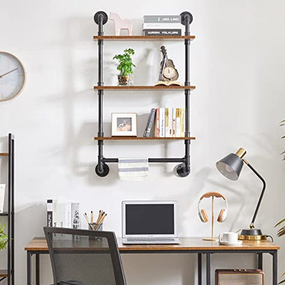 IBUYKE 3-Tiers Industrial Pipe Shelves with Towel Bar RF-TM015 | Rustic Wall Mount Bookcase,Metal Bracket Storage Wall Shelf for Bedroom, Kitchen - size: 3 Tier with Tower Bar