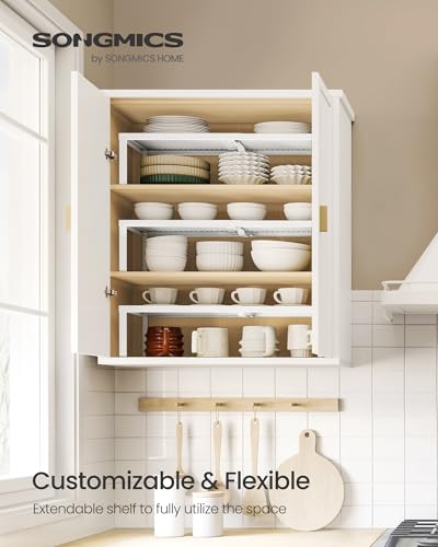 SONGMICS Spice Racks, Set of 2 Expandable Kitchen Countertop Shelves, Small Cupboard Organizers, Metal, Space-Saving Tabletop Shelves, Matte White UKCS402W01 - color: Matte White, size: Set of 2