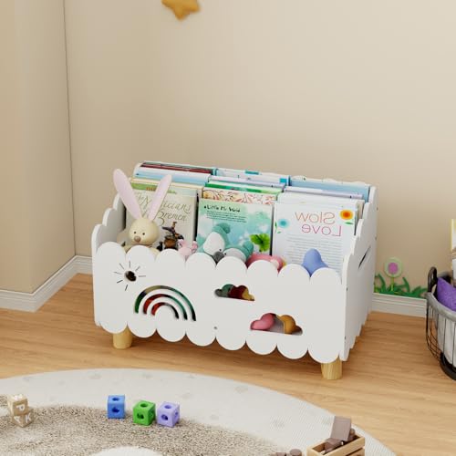 Wood Kids Bookshelf, Montessori Bookshelf, With 2 Adjustable Dividers, Suitable Kids Rooms, Nursery & Classroom, Kids Bookshelf And Toy Storage, Toddler Book Rack, Nursery Book Shelves, (White) big - color: Big White(stationary)