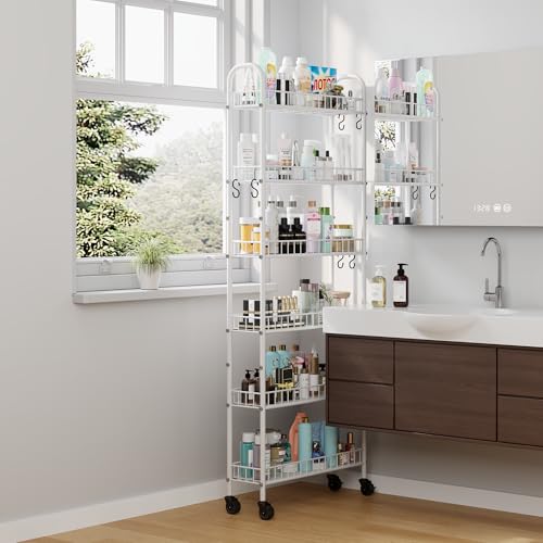 6 Tier Slim Rolling Storage Cart with Wheels, Metal Mobile Shelving Unit Organizer Utility Cart for Office Bathroom Kitchen Laundry Room Narrow Places (White 6 Inches) - size: White 6 Inches