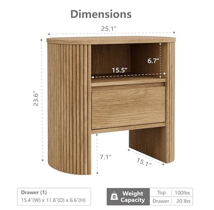 Fluted Nightstand with Drawer, Wood Bedside Table with Storage Shelf, Night Stand for Bedroom, Small Side Table for Living Room, Modern End Table for Small Space