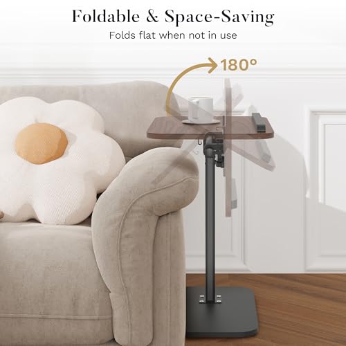 Side Table for Couch, Adjustable Height C Shaped End Table, Narrow Sofa Side Table for Living Room & Bedside, Brown Wooden Top with Black Metal Base