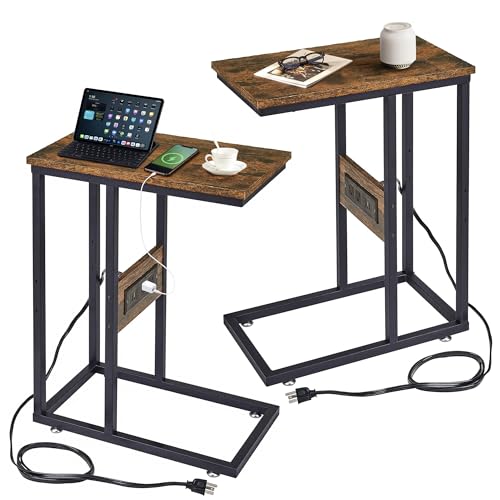 VECELO C-Shaped End Side Table Set of 2 with Charging Station & Two USB Ports and Outlets for Living Room, Bedroom, with Adjustable Feet for Couch/Sofa, Bedside, Small Spaces， Brown, 2 - color: Brown, size: 2