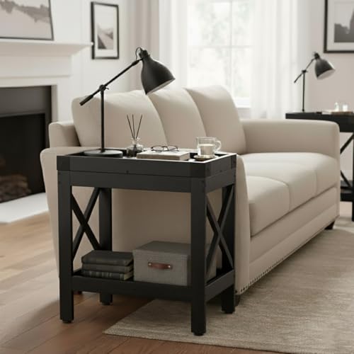 Narrow Side Table, End Table,Sofa Side Table, End Table Nightstand for Bedroom, Living Room, Small Spaces - color: Black, style: Farmhouse
