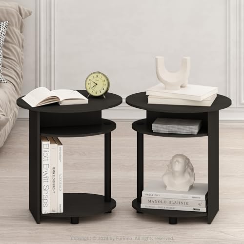 Furinno TIDUR Night Stand Set of 2, 3-Tier Oval Nightstand with Round Edge Tabletop, Open Shelf Bedside Table, End Table, Side Table, for Bedroom, Closet, Dorm, Walnut - color: Walnut, size: Set of 2, Oval