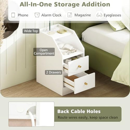 KOMFOTT Set of 2 Side Tables with Charging Station, End Tables with Storage Drawers, Sofa Couch Tables for Small Space, Modern Nightstands for Bedroom (White,2) - color: White