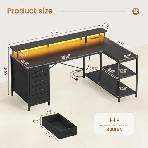 SEDETA L Shaped Gaming Desk with 4 Drawers, Shelves, Power Outlets, Black | L Shaped Desk with LED Lights , Computer Desk with Shelves & Drawer, Corner Desk Home Office Desk - color: Black