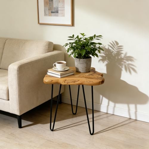 Rustic Solid Wood Live Edge Style End Table, Natural Wood Side Table with Hairpin Legs, Small Irregular Side Table for Living Room, Bedroom, Farmhouse Decor, 16" L x 12" W x 17" H - size: 16" L x 12" W x 17" H