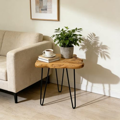 Rustic Solid Wood Live Edge Style End Table, Natural Wood Side Table with Hairpin Legs, Small Irregular Side Table for Living Room, Bedroom, Farmhouse Decor, 16" L x 12" W x 17" H - size: 16" L x 12" W x 17" H