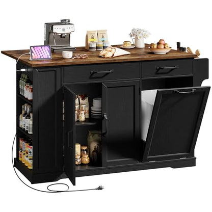 RALGEND Kitchen Island with Power Outlet & Drop Leaf, Rolling Storage Cart with Trash Storage Cabinet, Farmhouse Mobile Island Table for Kitchen, Dining Room, Hidden Casters, Black and Rustic Brown - color: Black + Rustic Brown