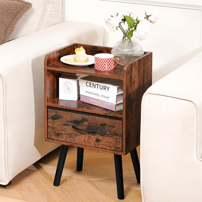 Yoobure Night Stand with Fabric Drawer, Modern Nightstand, Bedside Tables, Mid Century Nightstands with Open Storage Shelf, Wood Bedside Table, Small Night Stands for Bedrooms, 2-Tier Night Table - color: Berry Brown