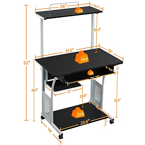 Topeakmart Compact Rolling Computer Cart with Keyboard Tray & Shelf, Black | Space-saving footprint, printer shelf, keyboard tray, smooth-rolling wheels, lightweight steel frame, for dorm, bedroom. - color: Black