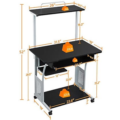 Topeakmart Compact Rolling Computer Cart with Keyboard Tray & Shelf, Black | Space-saving footprint, printer shelf, keyboard tray, smooth-rolling wheels, lightweight steel frame, for dorm, bedroom. - color: Black